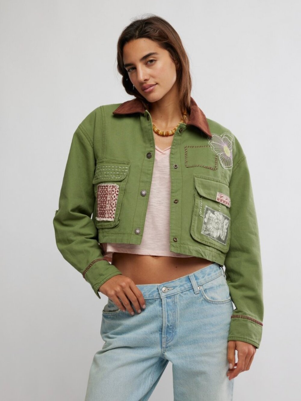 Free People We The Free Martha Workwear Appliques Jacket Green L